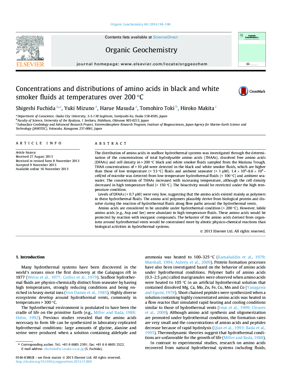 Concentrations and distributions of amino acids in black and white smoker fluids at temperatures over 200Â Â°C