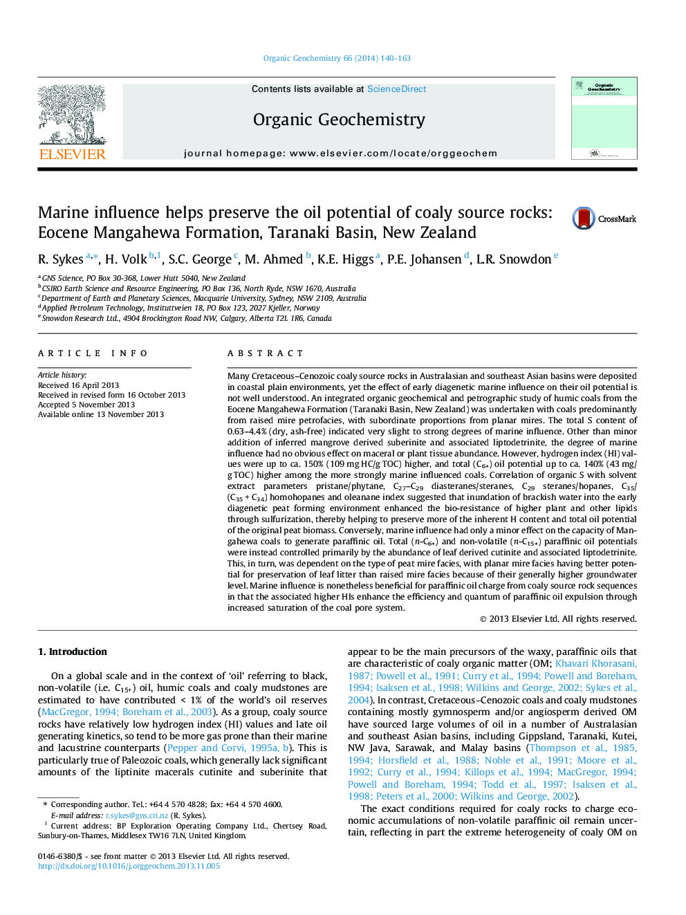Marine influence helps preserve the oil potential of coaly source rocks: Eocene Mangahewa Formation, Taranaki Basin, New Zealand