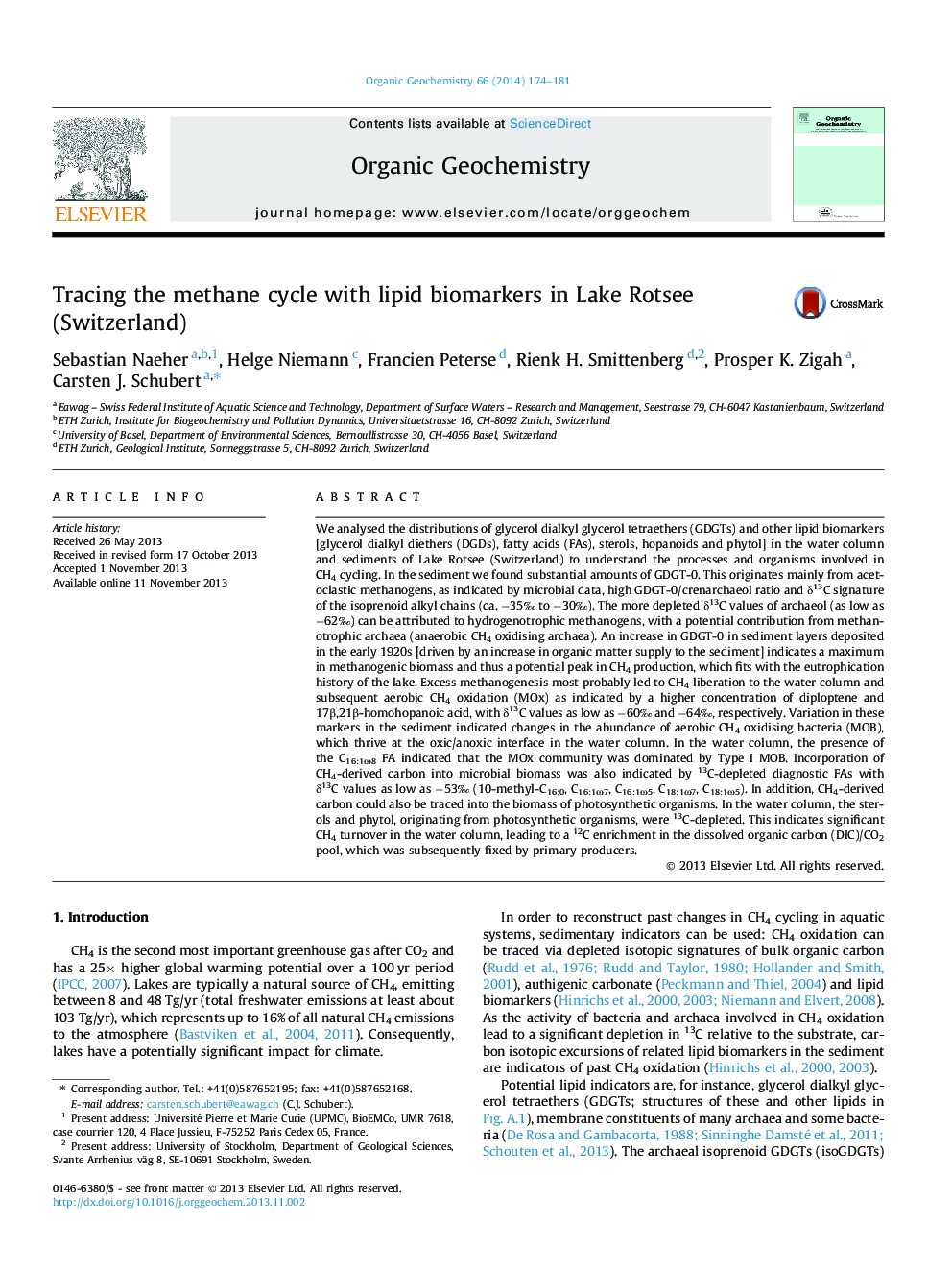 Tracing the methane cycle with lipid biomarkers in Lake Rotsee (Switzerland)