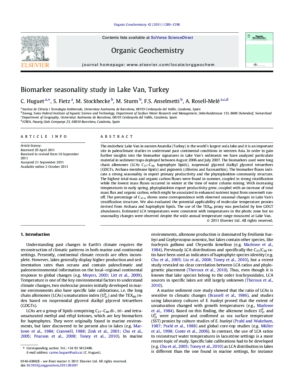 Biomarker seasonality study in Lake Van, Turkey