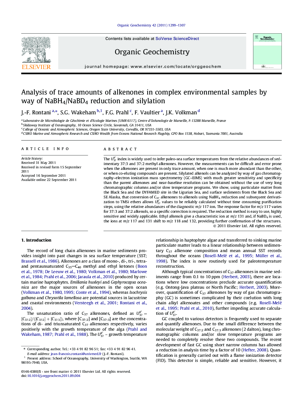 Analysis of trace amounts of alkenones in complex environmental samples by way of NaBH4/NaBD4 reduction and silylation