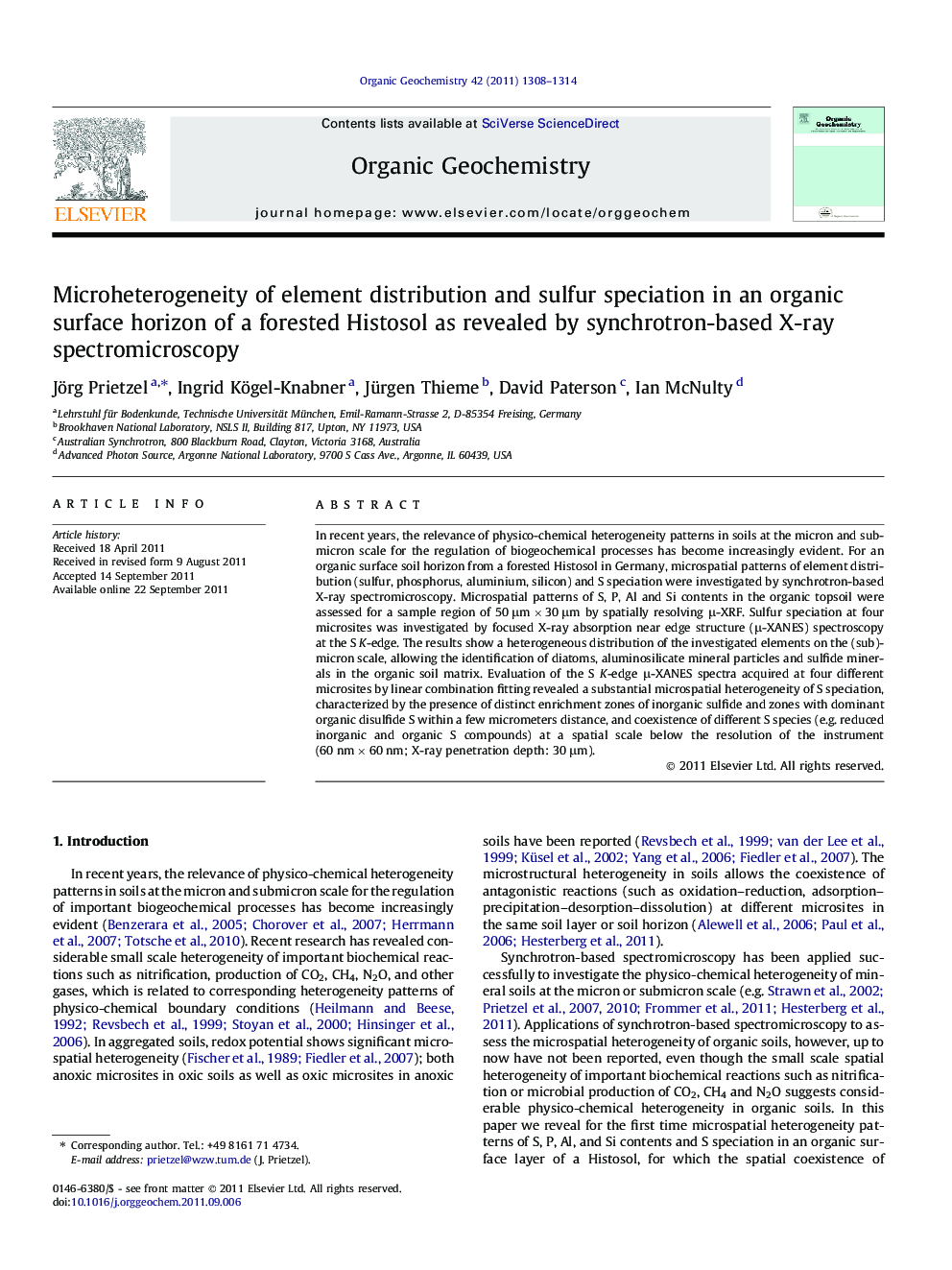 Microheterogeneity of element distribution and sulfur speciation in an organic surface horizon of a forested Histosol as revealed by synchrotron-based X-ray spectromicroscopy