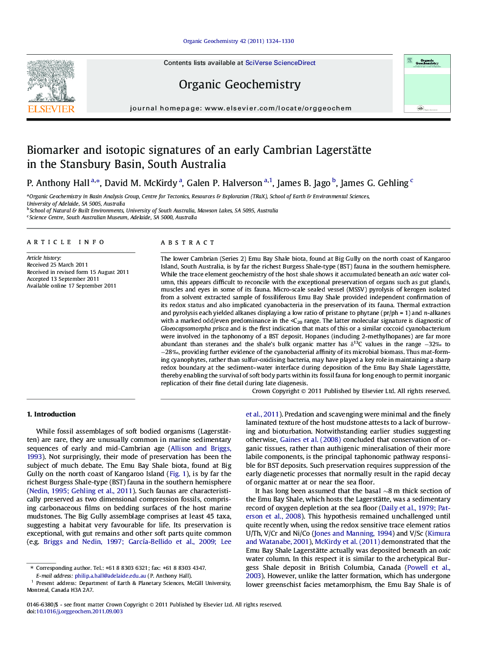 Biomarker and isotopic signatures of an early Cambrian Lagerstätte in the Stansbury Basin, South Australia