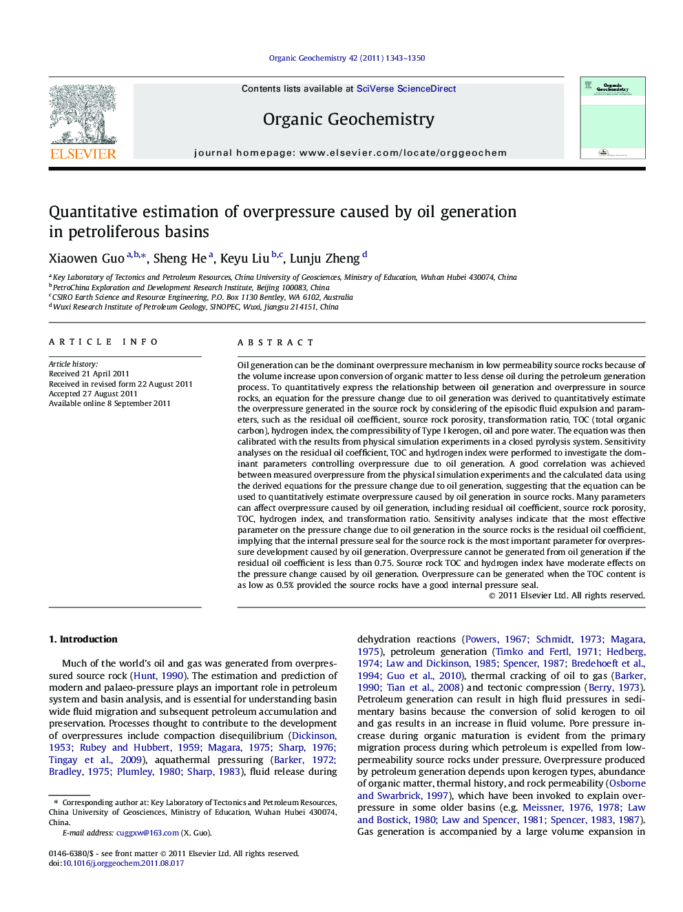Quantitative estimation of overpressure caused by oil generation in petroliferous basins