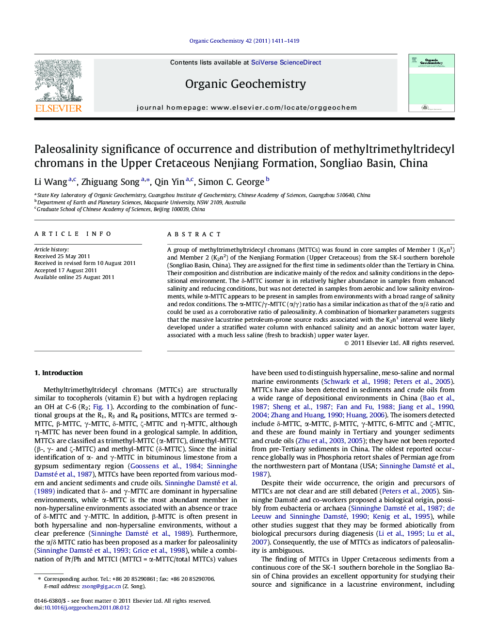 Paleosalinity significance of occurrence and distribution of methyltrimethyltridecyl chromans in the Upper Cretaceous Nenjiang Formation, Songliao Basin, China