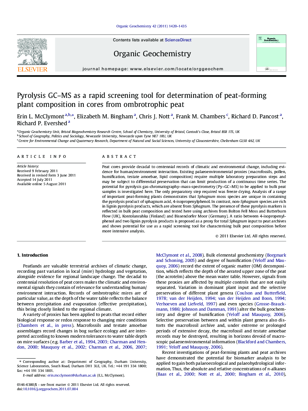 Pyrolysis GC-MS as a rapid screening tool for determination of peat-forming plant composition in cores from ombrotrophic peat