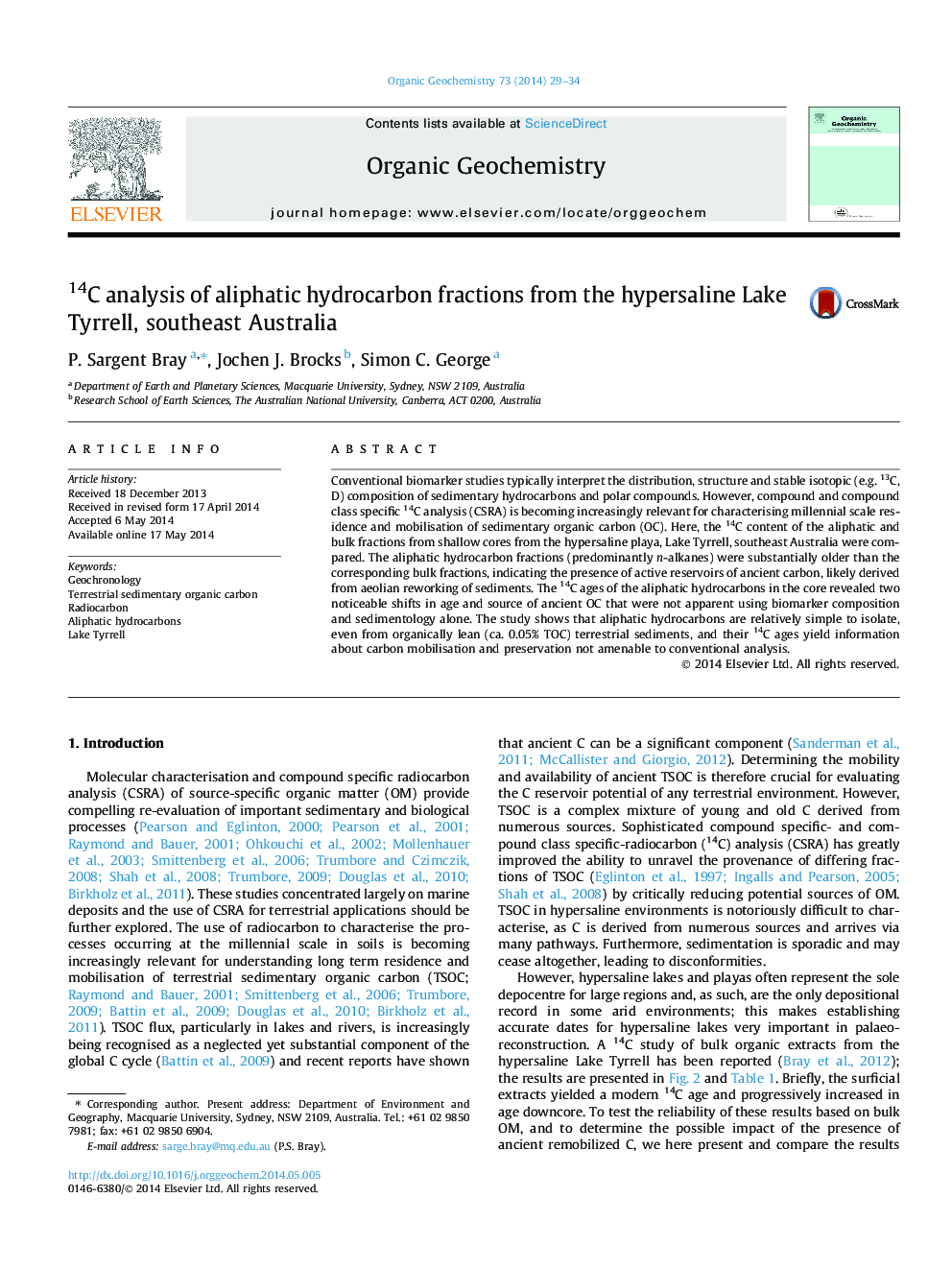عکس صفحه اول مقاله: 14C analysis of aliphatic hydrocarbon fractions from the hypersaline Lake Tyrrell, southeast Australia 14C analysis of aliphatic hydrocarbon fractions from the hypersaline Lake Tyrrell, southeast Australia