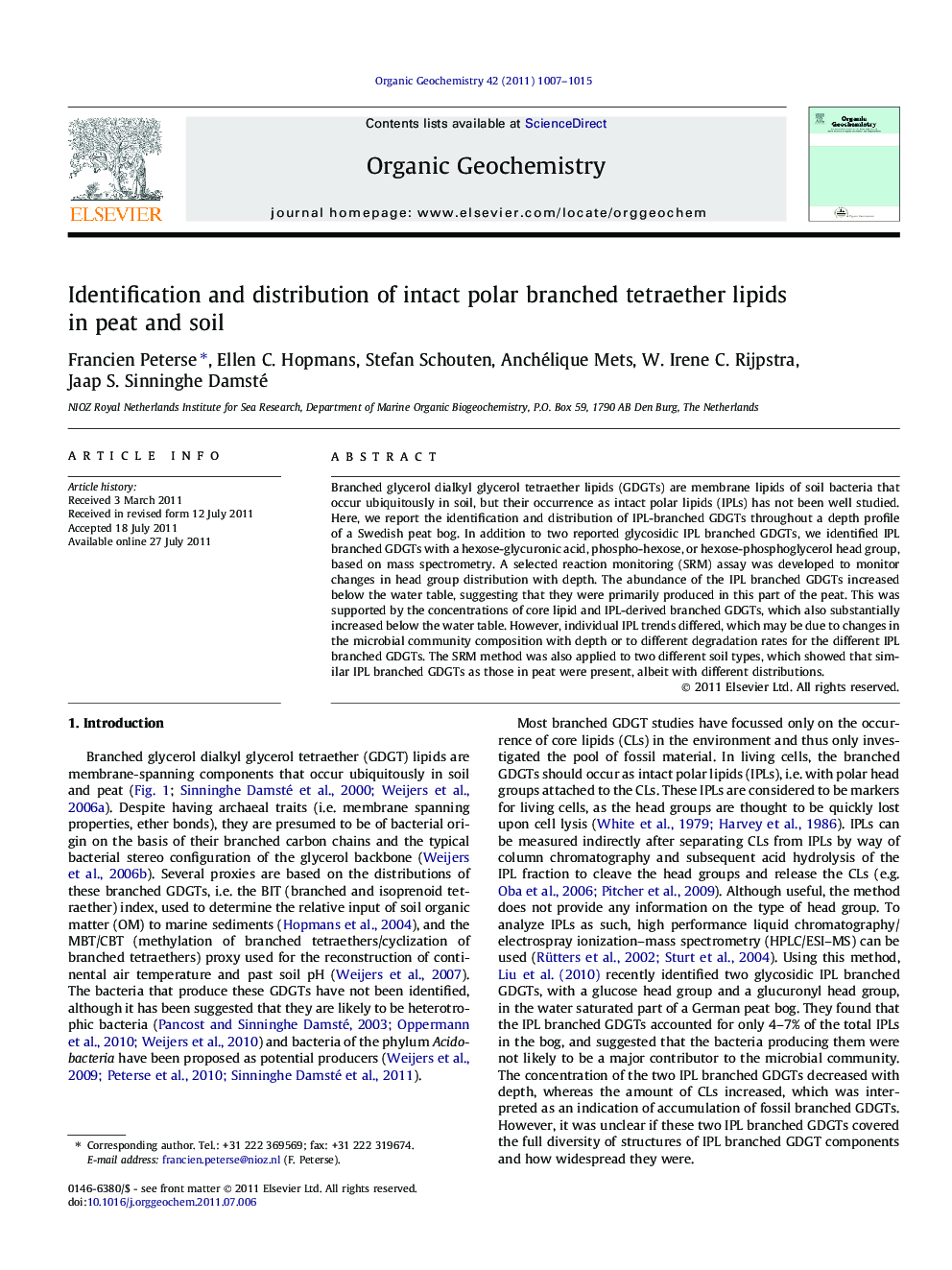 Identification and distribution of intact polar branched tetraether lipids in peat and soil