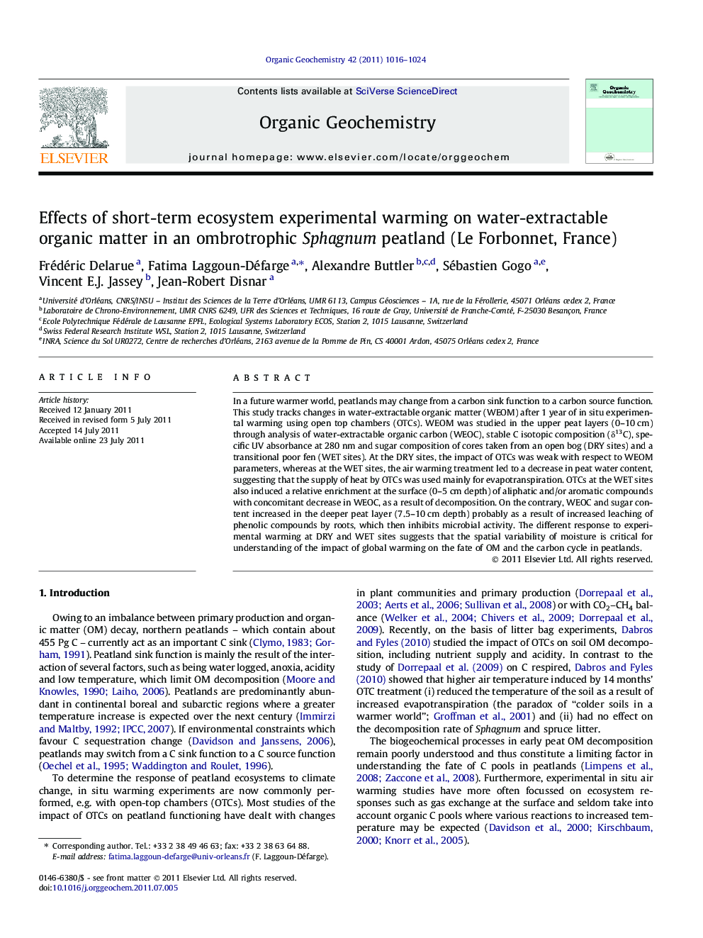 Effects of short-term ecosystem experimental warming on water-extractable organic matter in an ombrotrophic Sphagnum peatland (Le Forbonnet, France)