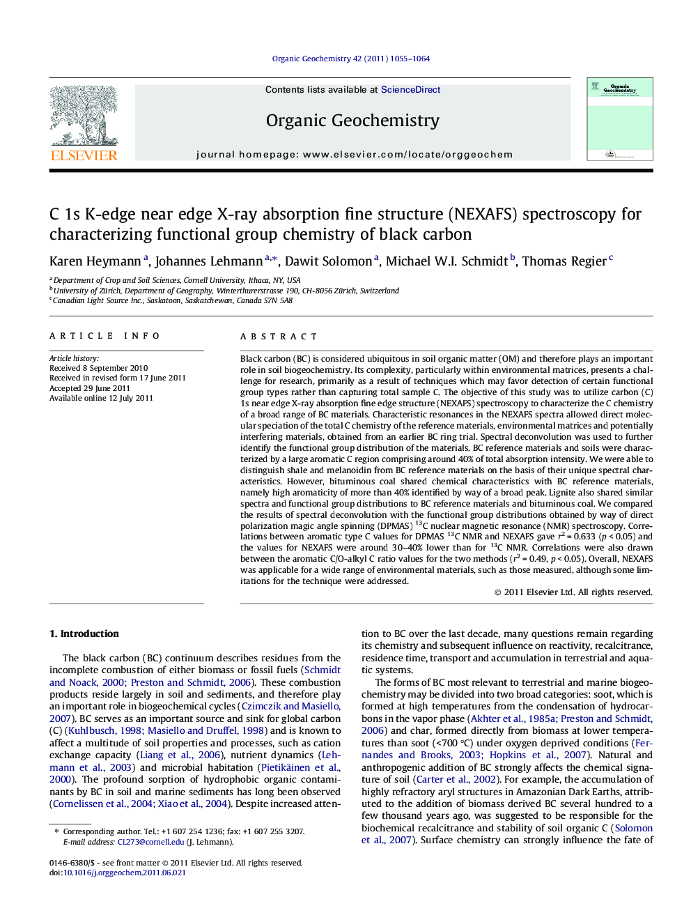 C 1s K-edge near edge X-ray absorption fine structure (NEXAFS) spectroscopy for characterizing functional group chemistry of black carbon