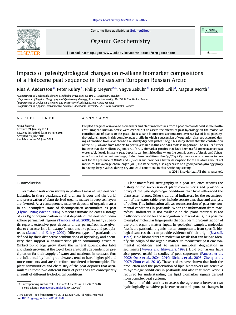 Impacts of paleohydrological changes on n-alkane biomarker compositions of a Holocene peat sequence in the eastern European Russian Arctic
