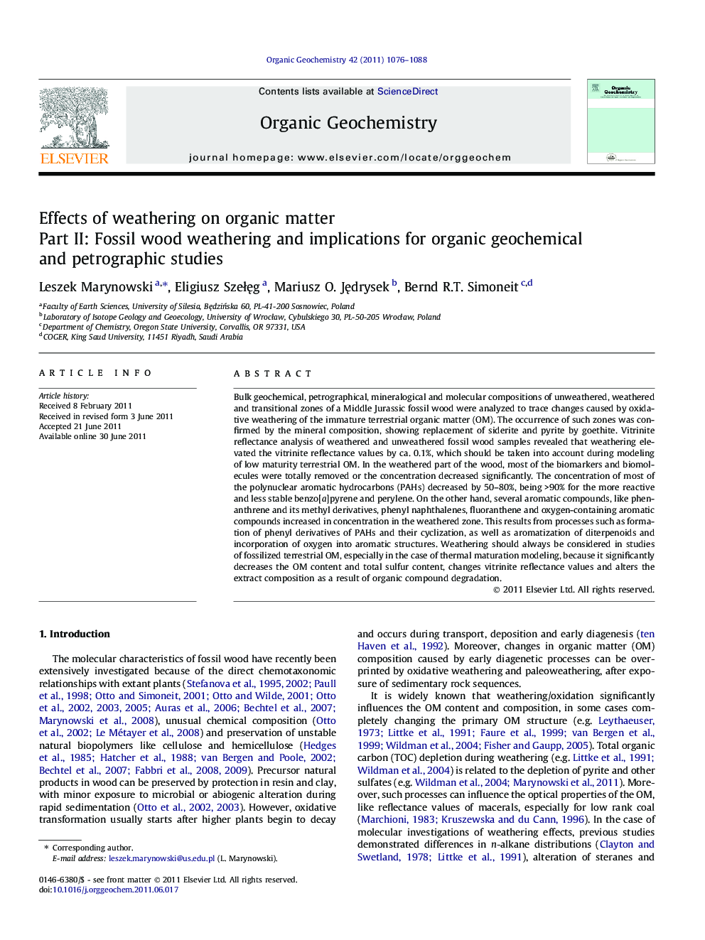 Effects of weathering on organic matter
