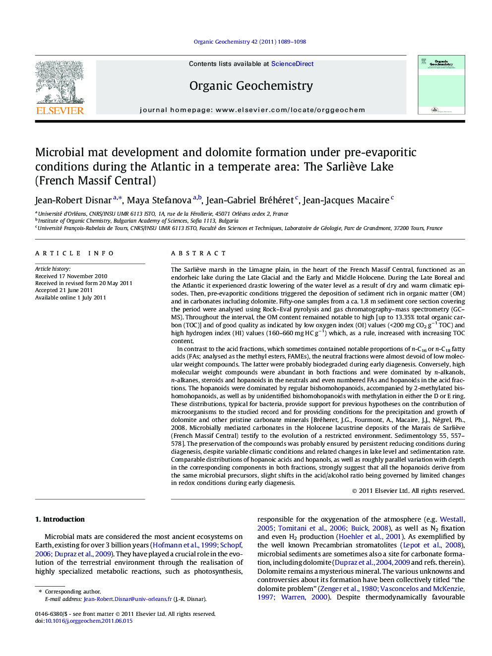 Microbial mat development and dolomite formation under pre-evaporitic conditions during the Atlantic in a temperate area: The SarliÃ¨ve Lake (French Massif Central)