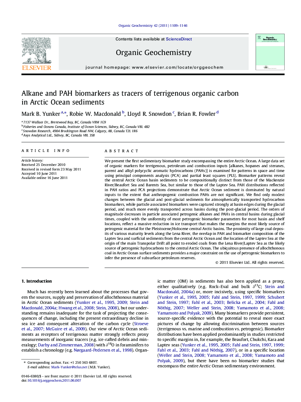 Alkane and PAH biomarkers as tracers of terrigenous organic carbon in Arctic Ocean sediments