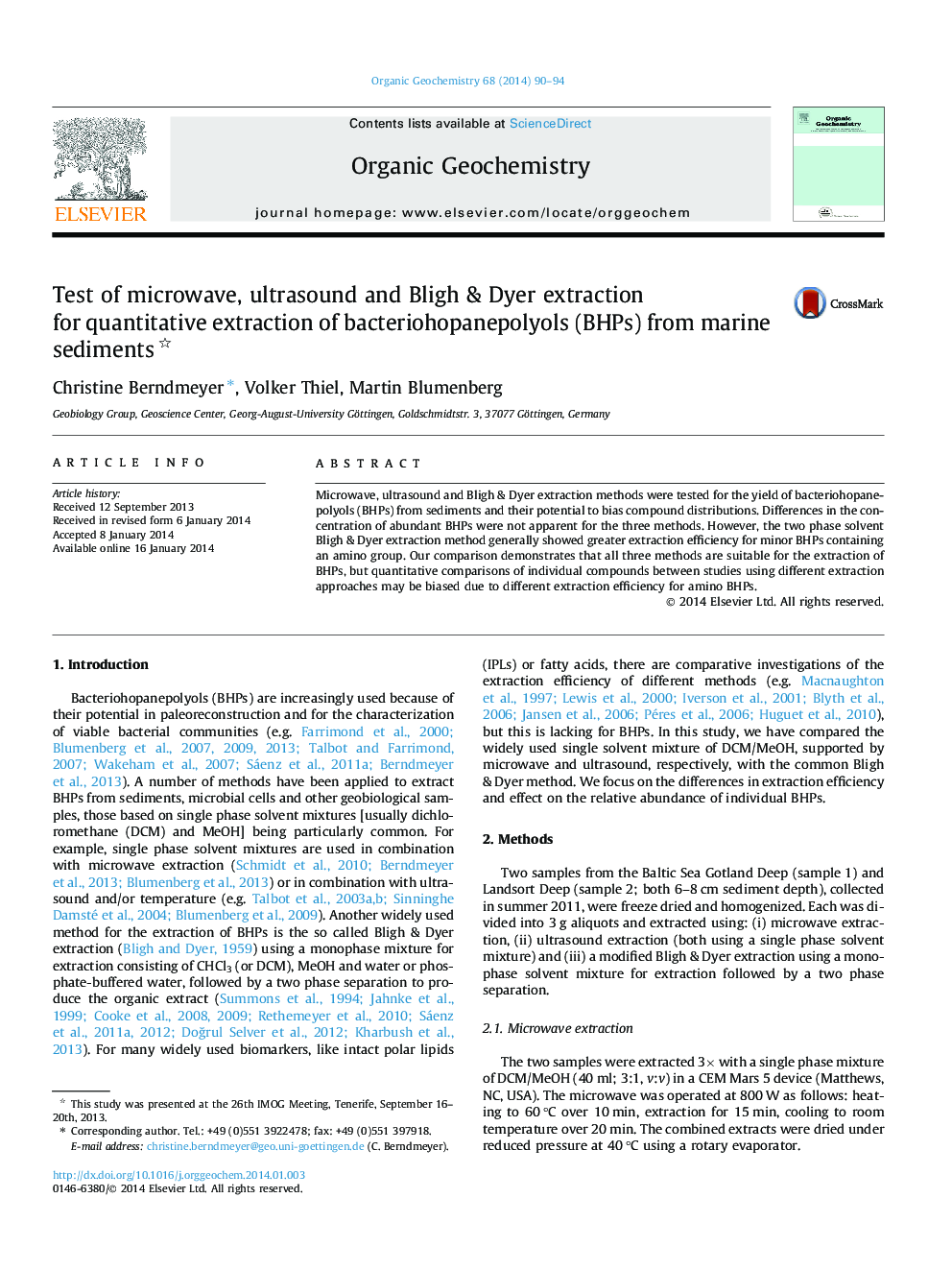 Test of microwave, ultrasound and Bligh & Dyer extraction for quantitative extraction of bacteriohopanepolyols (BHPs) from marine sediments