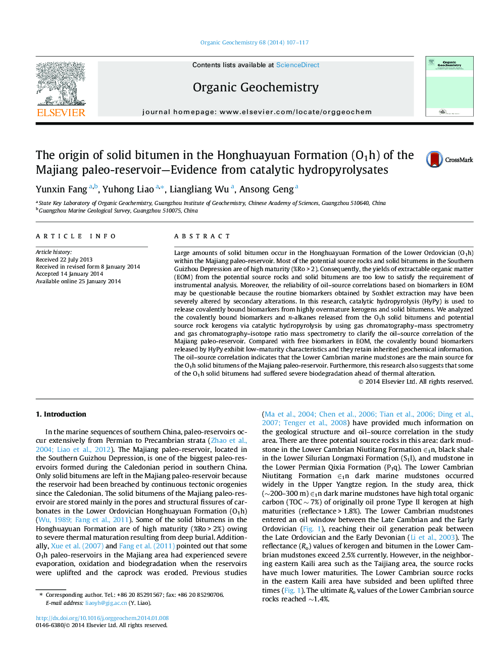 The origin of solid bitumen in the Honghuayuan Formation (O1h) of the Majiang paleo-reservoir-Evidence from catalytic hydropyrolysates
