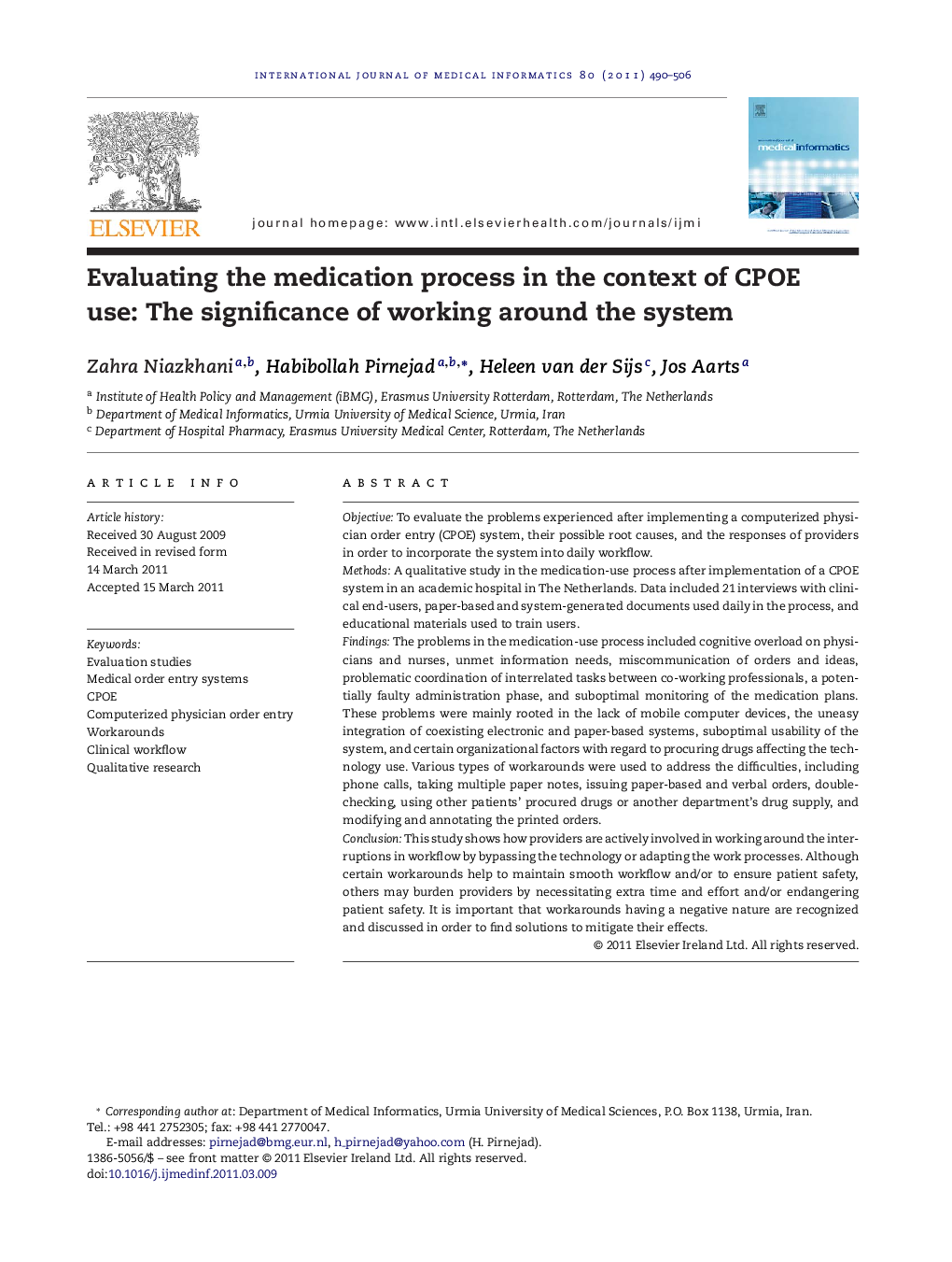 Evaluating the medication process in the context of CPOE use: The significance of working around the system