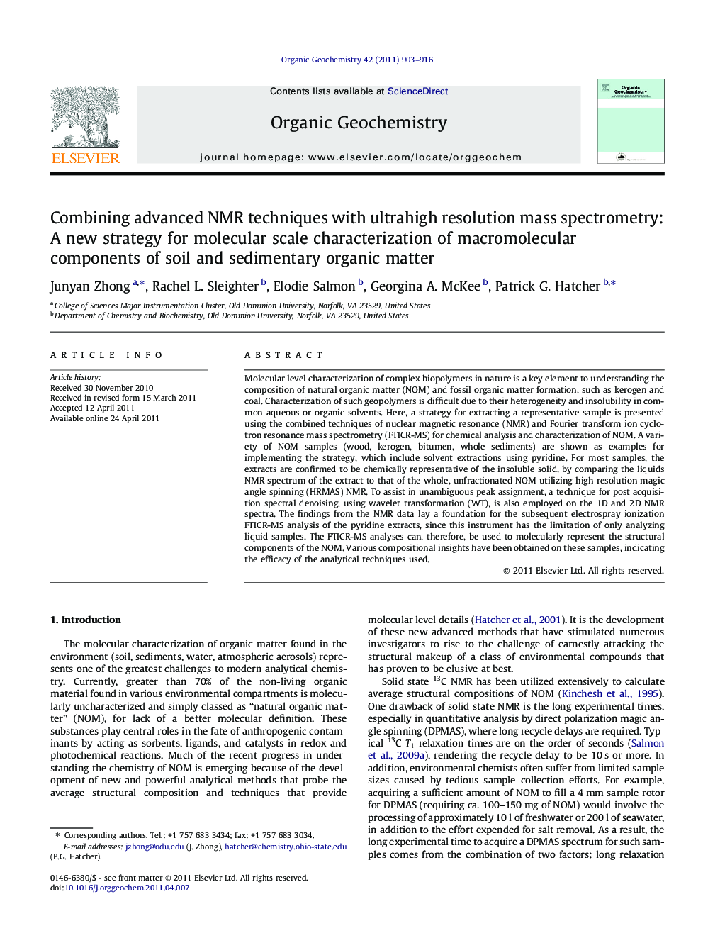 عکس صفحه اول مقاله: Combining advanced NMR techniques with ultrahigh resolution mass spectrometry: A new strategy for molecular scale characterization of macromolecular components of soil and sedimentary organic matter Combining advanced NMR techniques with ultrahigh resolution mass spectrometry: A new strategy for molecular scale characterization of macromolecular components of soil and sedimentary organic matter