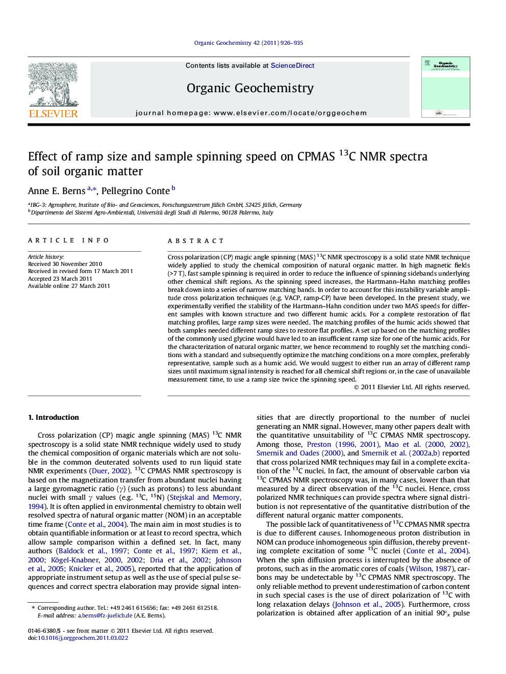 Effect of ramp size and sample spinning speed on CPMAS 13C NMR spectra of soil organic matter
