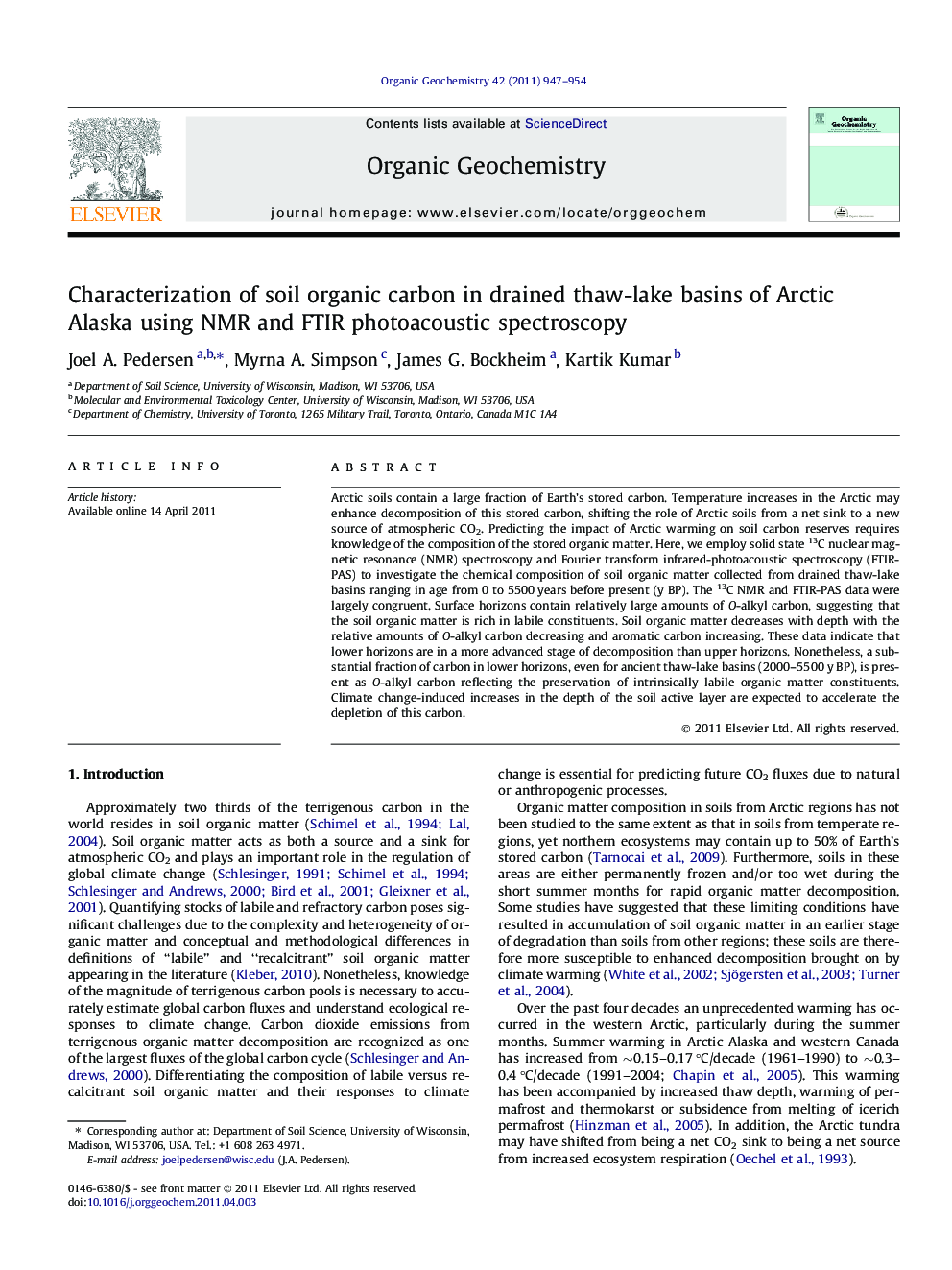 Characterization of soil organic carbon in drained thaw-lake basins of Arctic Alaska using NMR and FTIR photoacoustic spectroscopy