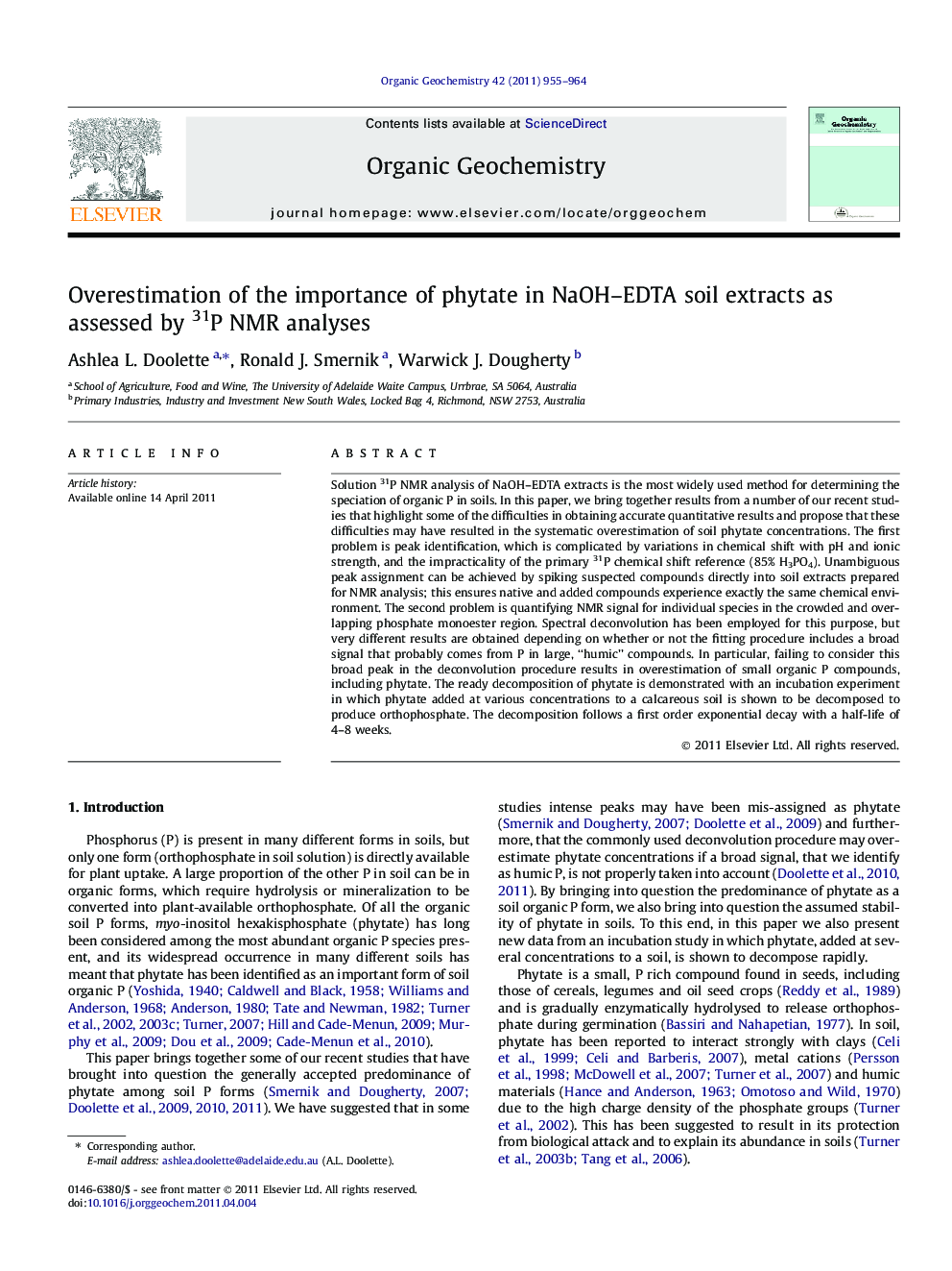 Overestimation of the importance of phytate in NaOH-EDTA soil extracts as assessed by 31P NMR analyses