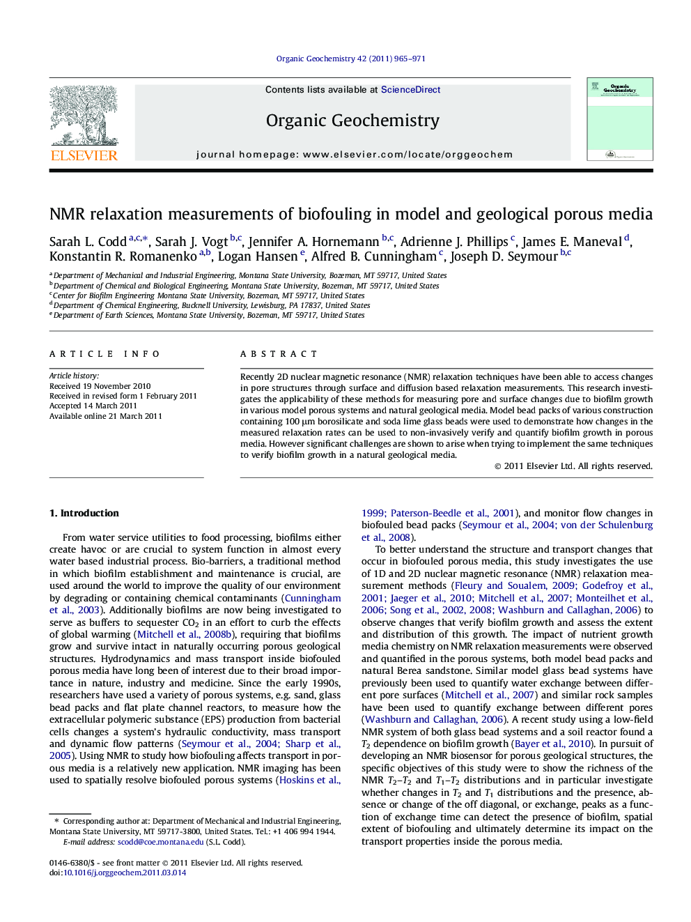 NMR relaxation measurements of biofouling in model and geological porous media