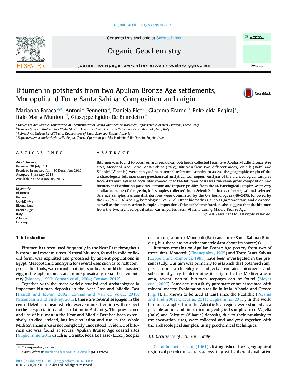 Bitumen in potsherds from two Apulian Bronze Age settlements, Monopoli and Torre Santa Sabina: Composition and origin