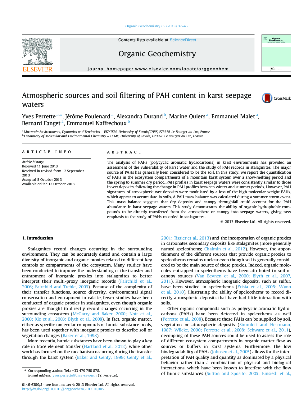Atmospheric sources and soil filtering of PAH content in karst seepage waters