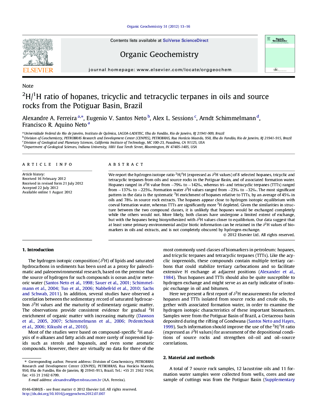 2H/1H ratio of hopanes, tricyclic and tetracyclic terpanes in oils and source rocks from the Potiguar Basin, Brazil