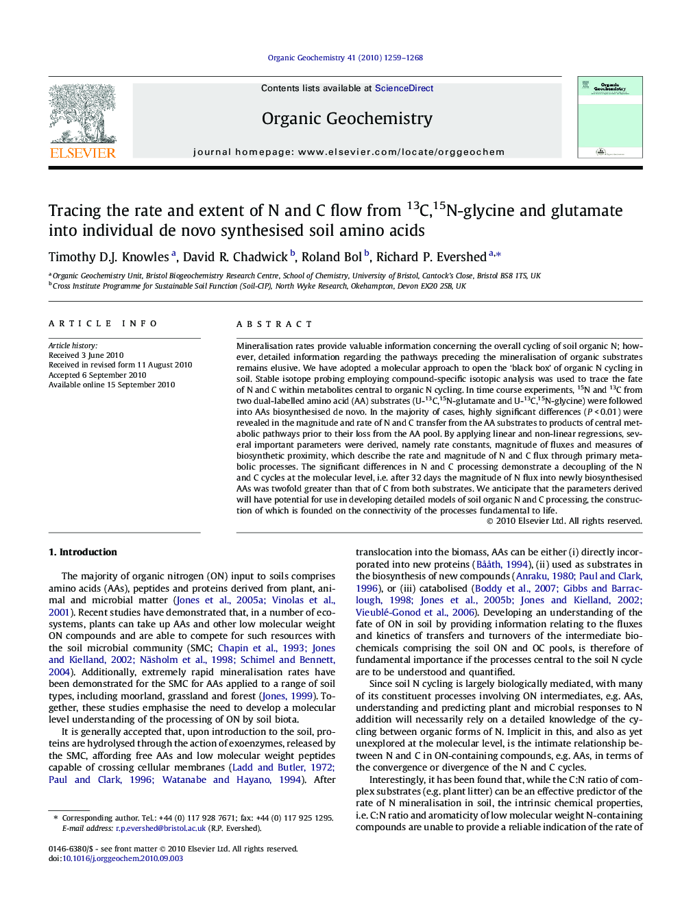 Tracing the rate and extent of N and C flow from 13C,15N-glycine and glutamate into individual de novo synthesised soil amino acids