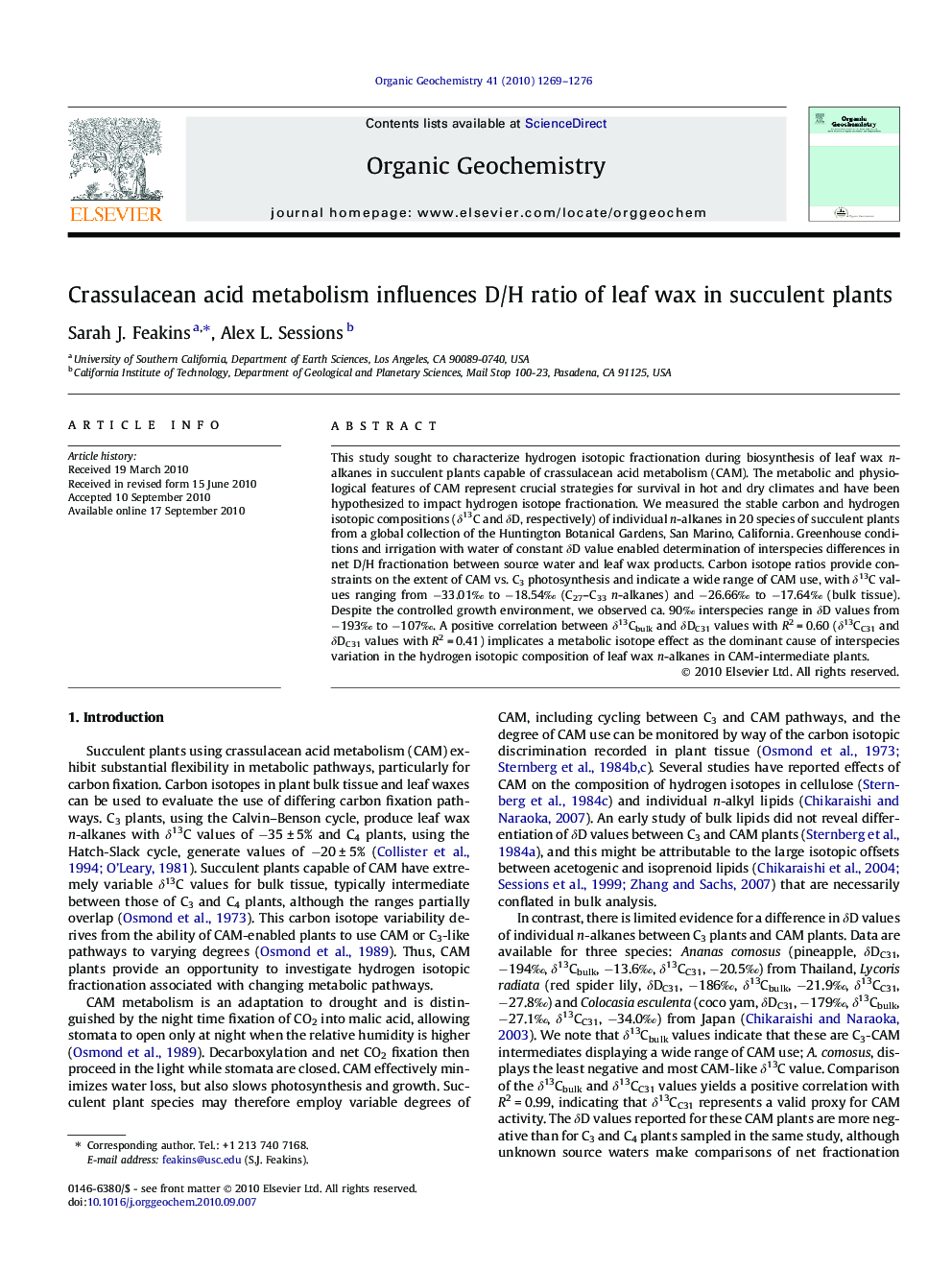 عکس صفحه اول مقاله: Crassulacean acid metabolism influences D/H ratio of leaf wax in succulent plants Crassulacean acid metabolism influences D/H ratio of leaf wax in succulent plants