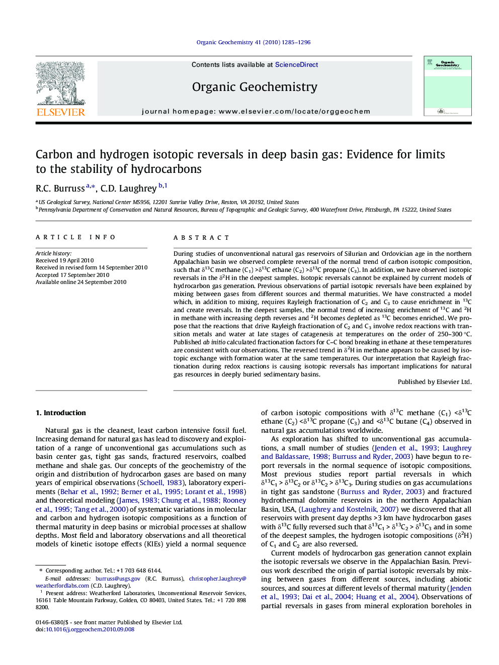Carbon and hydrogen isotopic reversals in deep basin gas: Evidence for limits to the stability of hydrocarbons