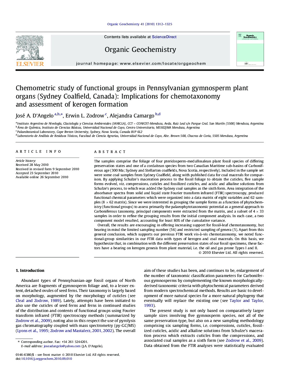 عکس صفحه اول مقاله: Chemometric study of functional groups in Pennsylvanian gymnosperm plant organs (Sydney Coalfield, Canada): Implications for chemotaxonomy and assessment of kerogen formation Chemometric study of functional groups in Pennsylvanian gymnosperm plant organs (Sydney Coalfield, Canada): Implications for chemotaxonomy and assessment of kerogen formation