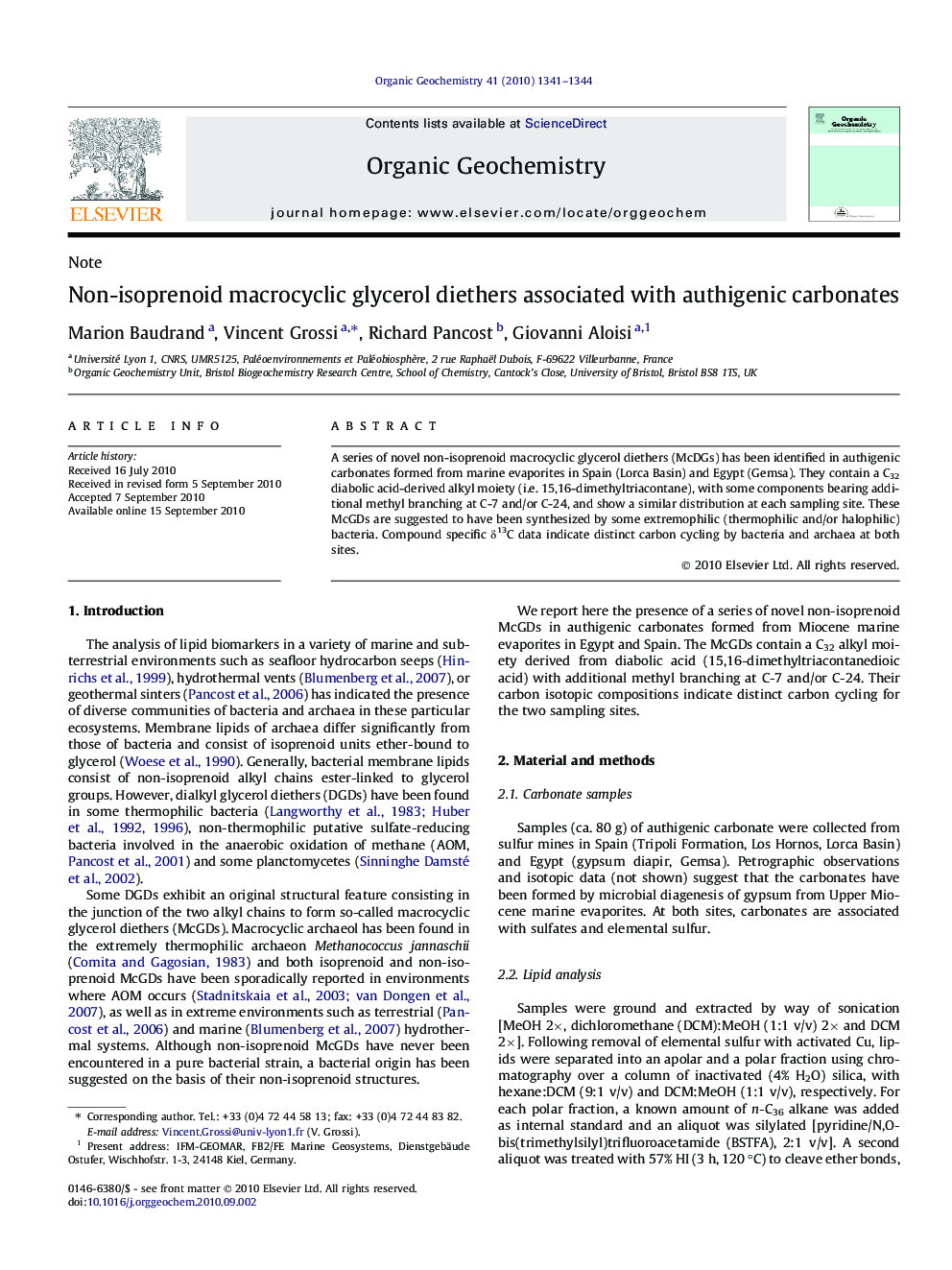 عکس صفحه اول مقاله: Non-isoprenoid macrocyclic glycerol diethers associated with authigenic carbonates Non-isoprenoid macrocyclic glycerol diethers associated with authigenic carbonates