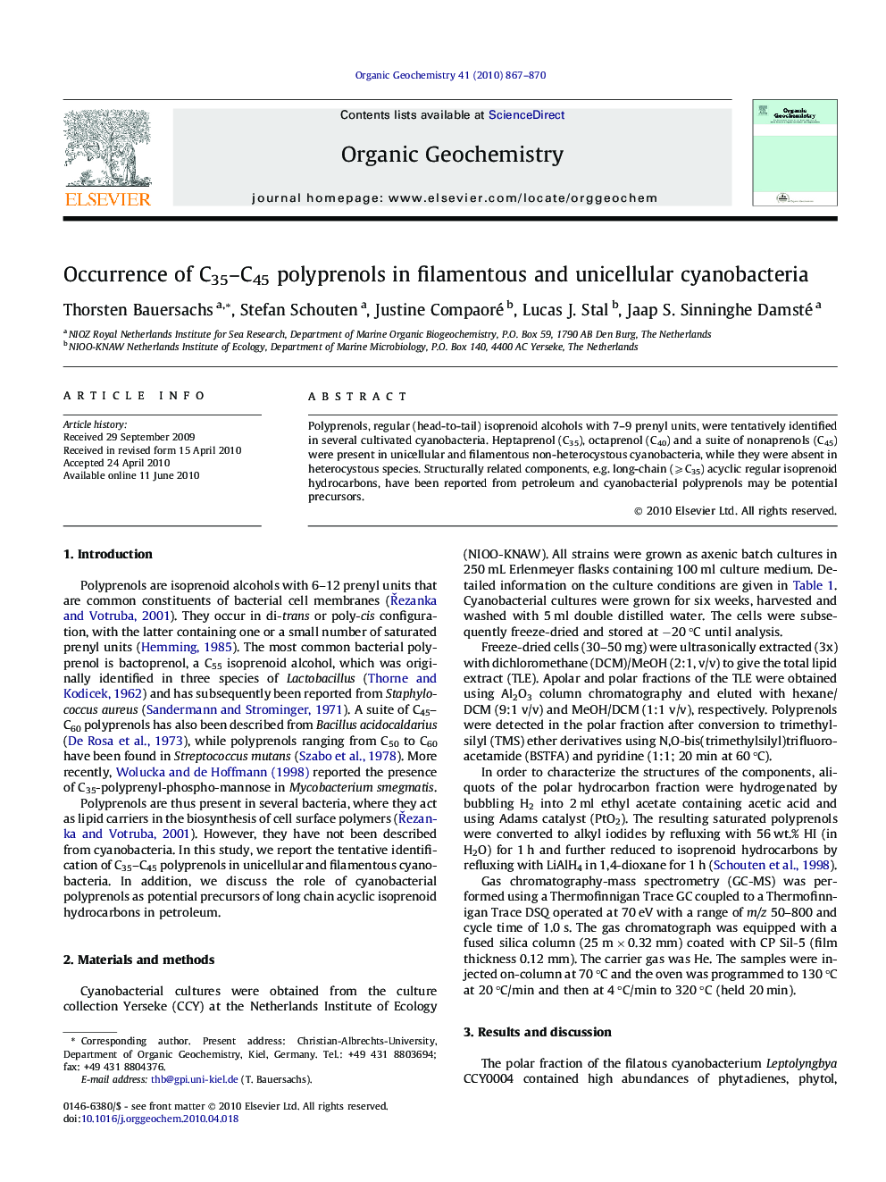 Occurrence of C35-C45 polyprenols in filamentous and unicellular cyanobacteria