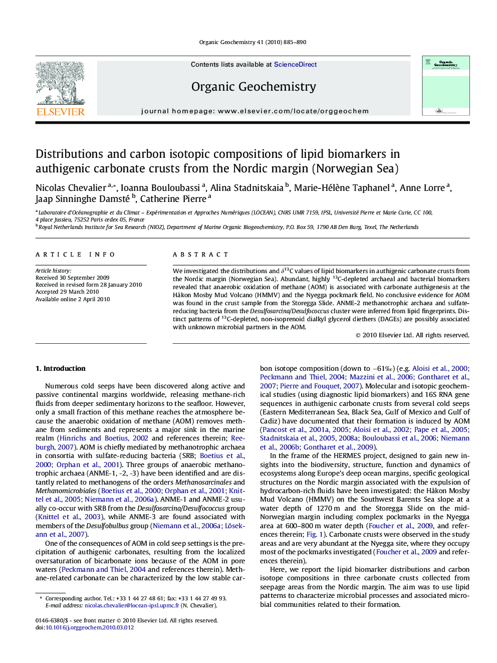 Distributions and carbon isotopic compositions of lipid biomarkers in authigenic carbonate crusts from the Nordic margin (Norwegian Sea)