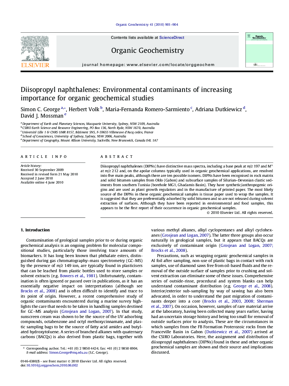 Diisopropyl naphthalenes: Environmental contaminants of increasing importance for organic geochemical studies