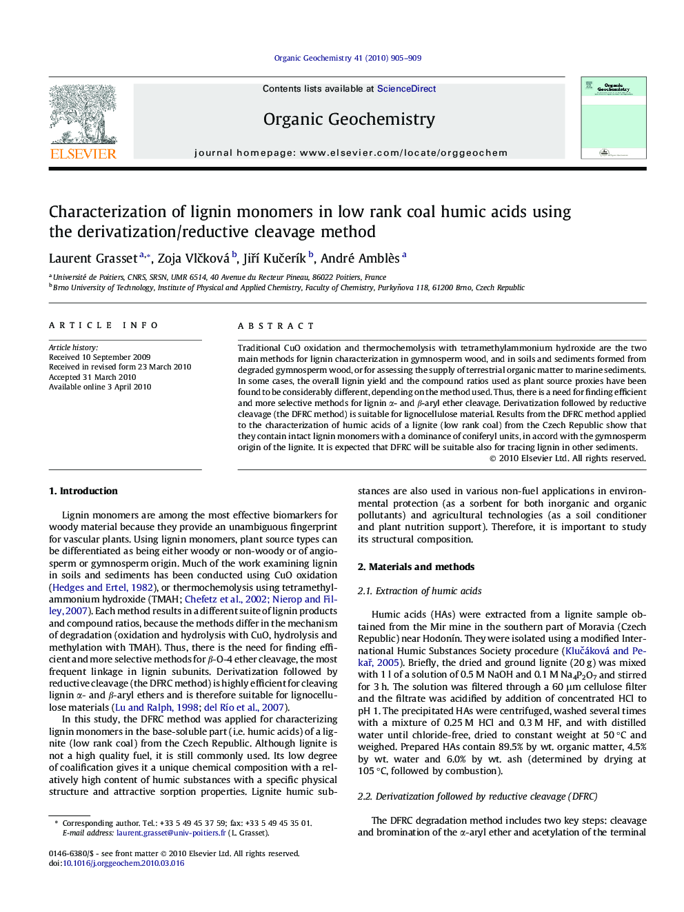 Characterization of lignin monomers in low rank coal humic acids using the derivatization/reductive cleavage method