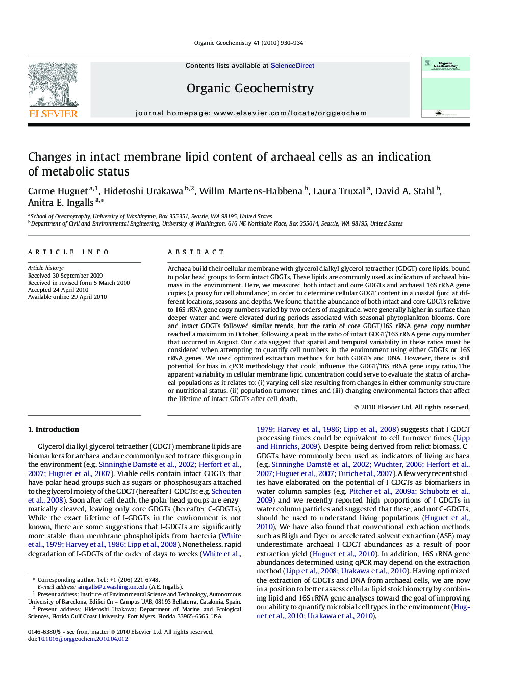 Changes in intact membrane lipid content of archaeal cells as an indication of metabolic status
