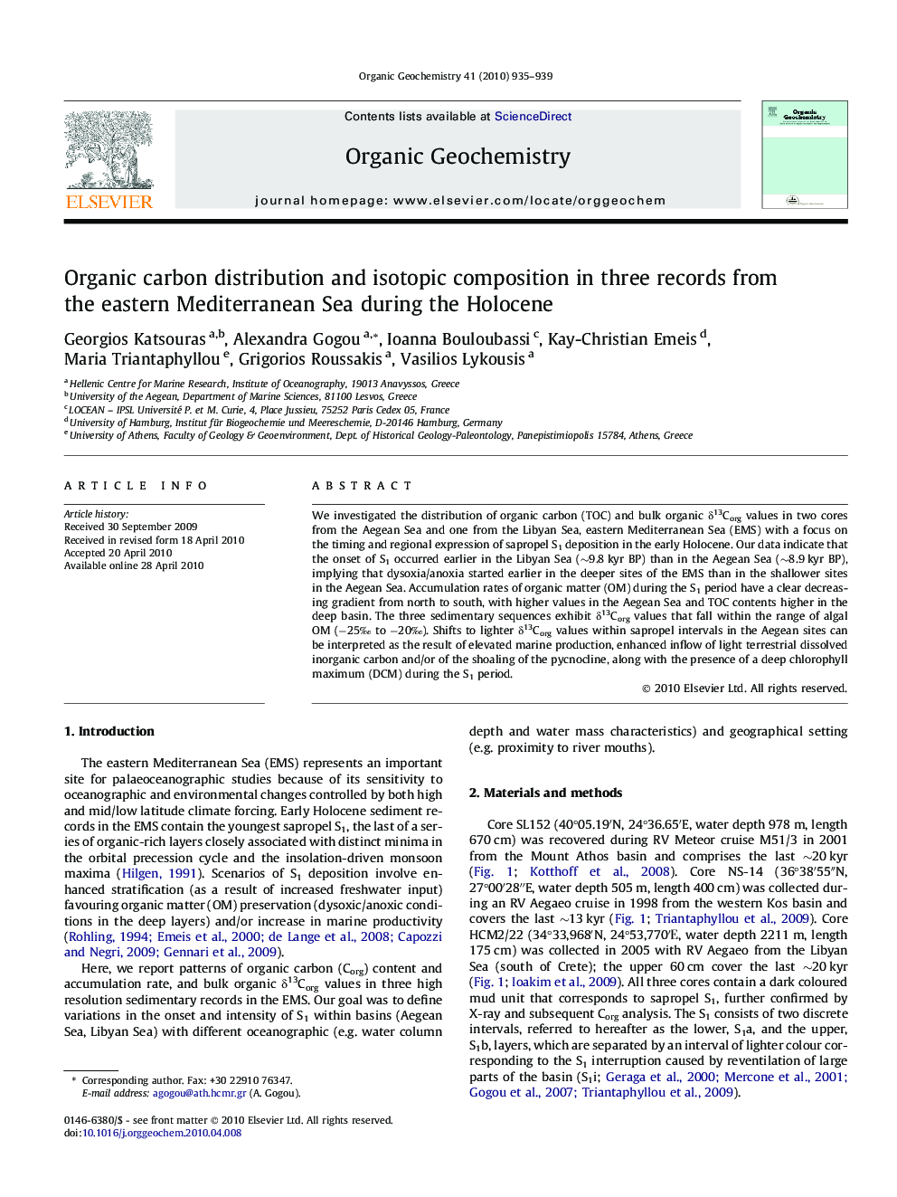 Organic carbon distribution and isotopic composition in three records from the eastern Mediterranean Sea during the Holocene