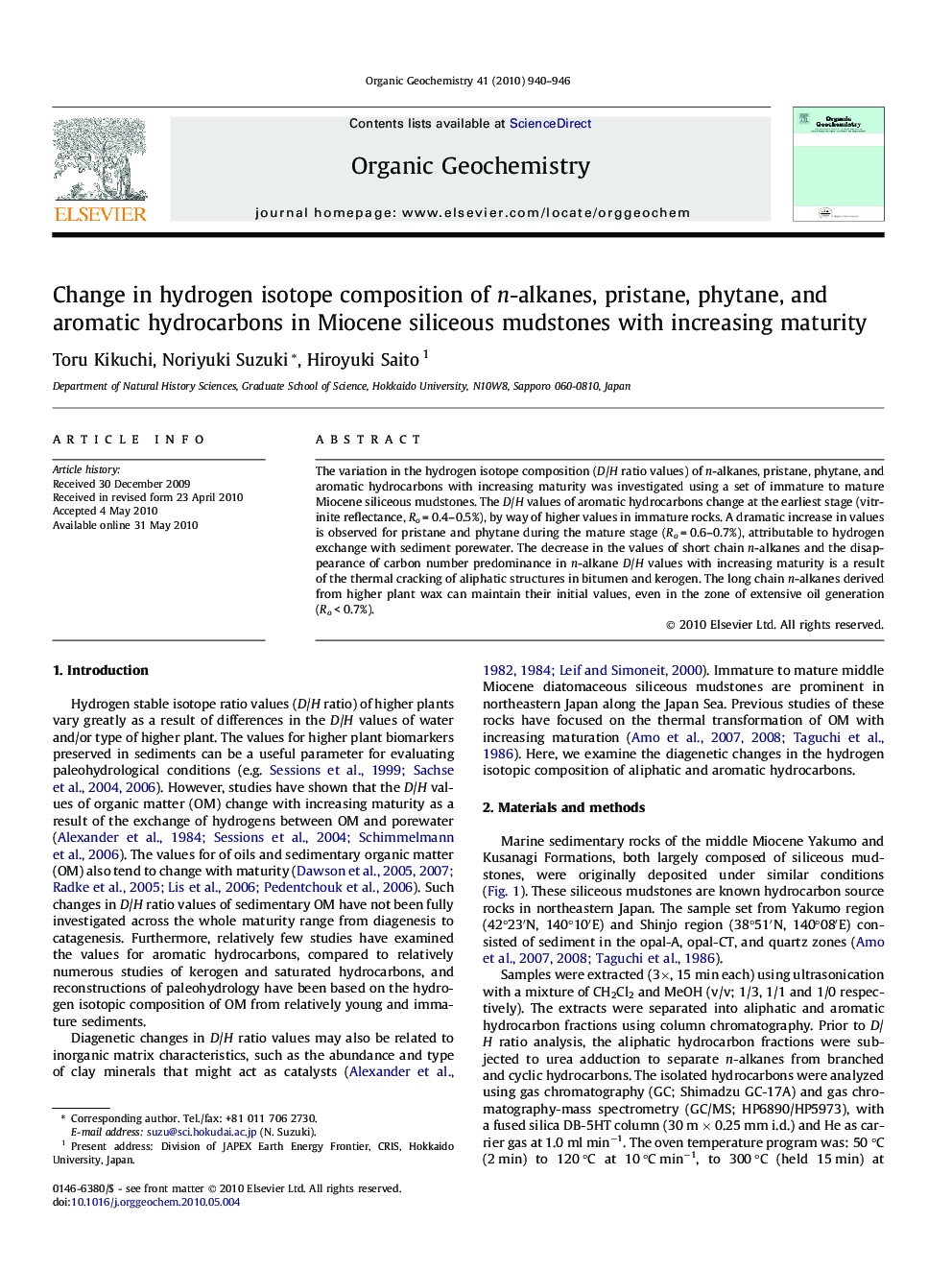 Change in hydrogen isotope composition of n-alkanes, pristane, phytane, and aromatic hydrocarbons in Miocene siliceous mudstones with increasing maturity