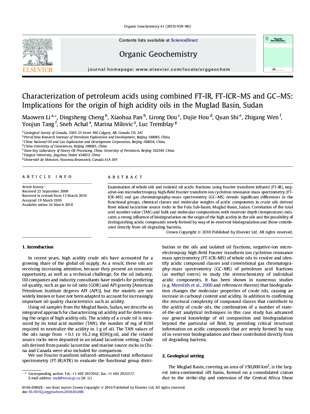 Characterization of petroleum acids using combined FT-IR, FT-ICR-MS and GC-MS: Implications for the origin of high acidity oils in the Muglad Basin, Sudan