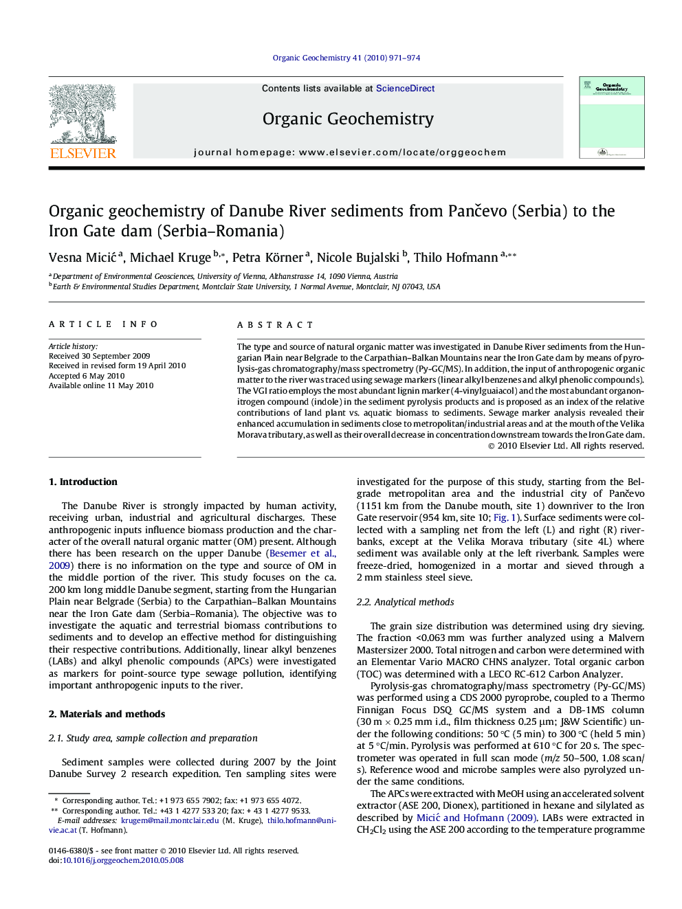 Organic geochemistry of Danube River sediments from PanÄevo (Serbia) to the Iron Gate dam (Serbia-Romania)