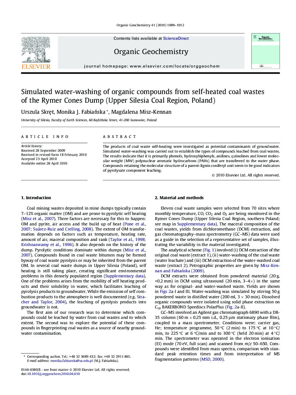 Simulated water-washing of organic compounds from self-heated coal wastes of the Rymer Cones Dump (Upper Silesia Coal Region, Poland)