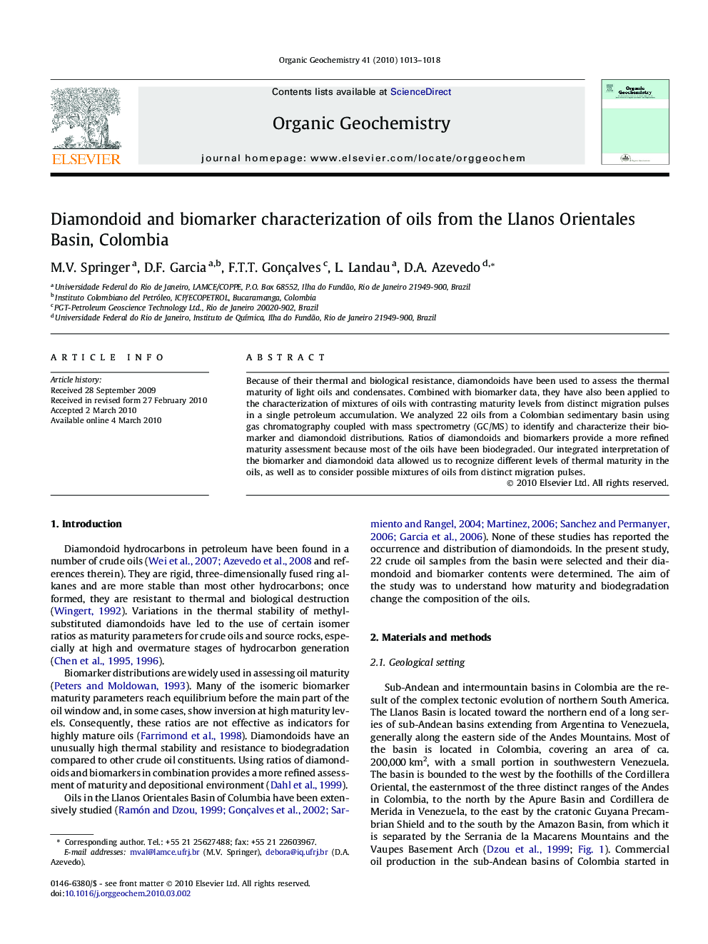 Diamondoid and biomarker characterization of oils from the Llanos Orientales Basin, Colombia