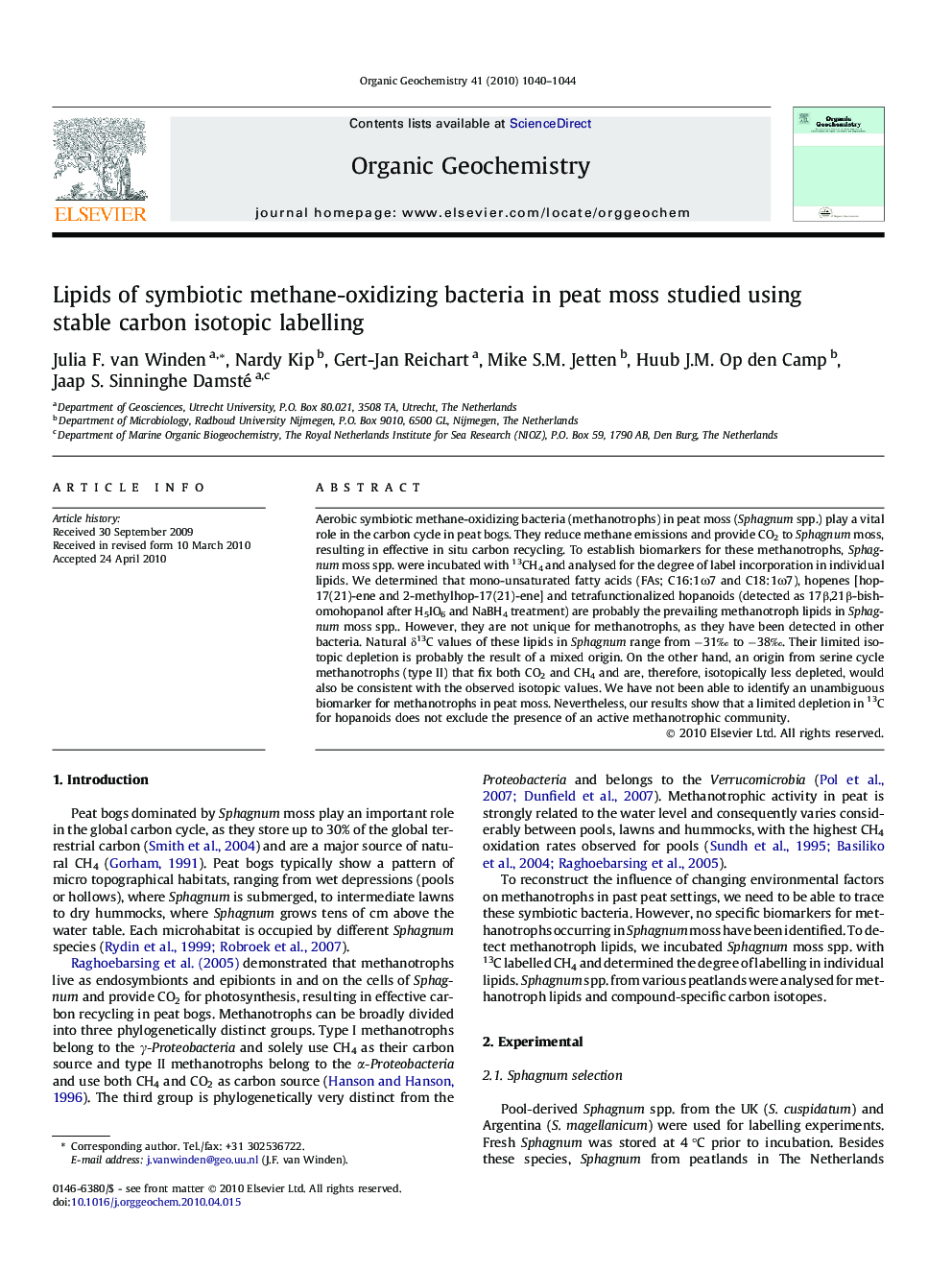 Lipids of symbiotic methane-oxidizing bacteria in peat moss studied using stable carbon isotopic labelling