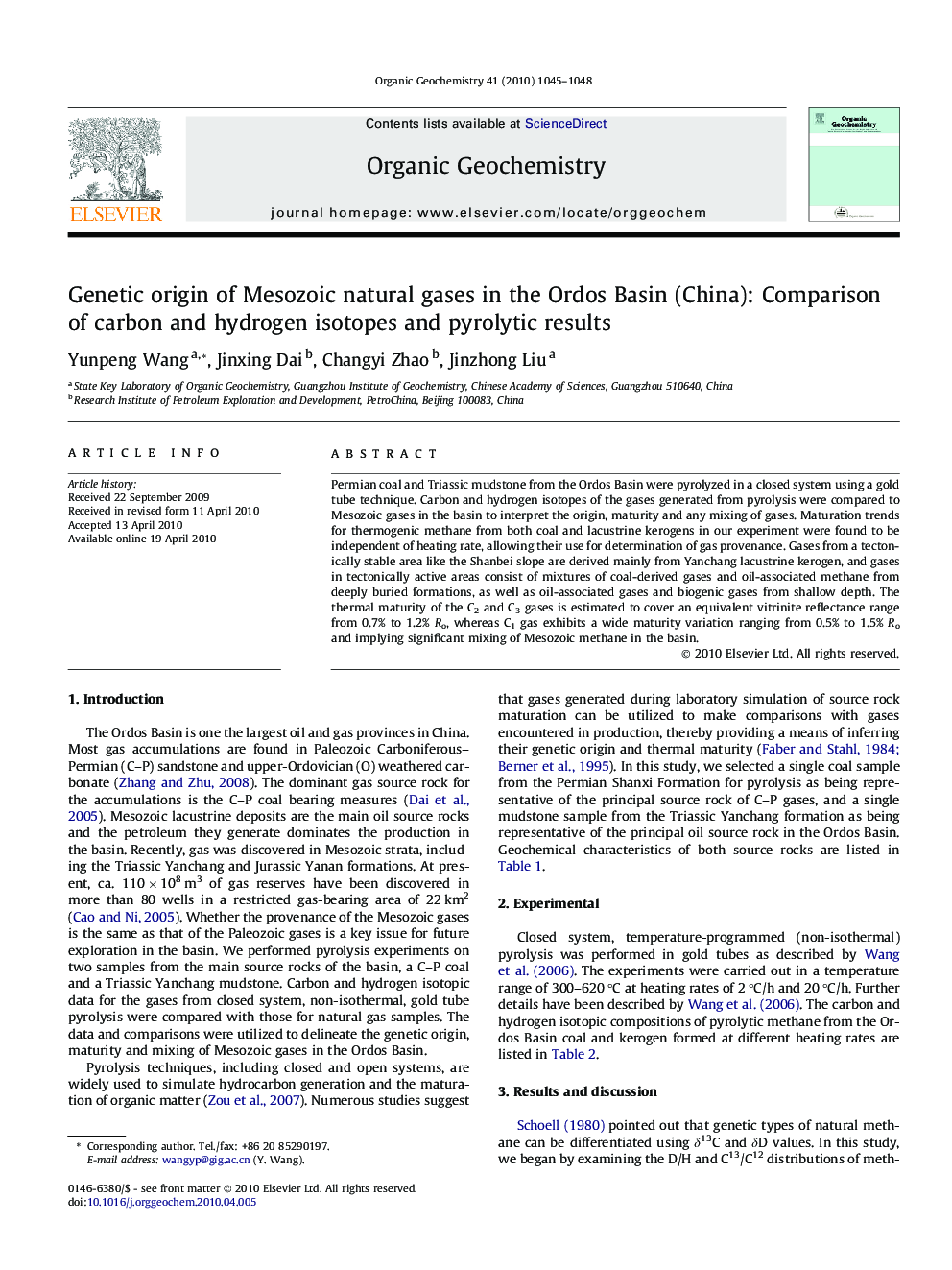 Genetic origin of Mesozoic natural gases in the Ordos Basin (China): Comparison of carbon and hydrogen isotopes and pyrolytic results
