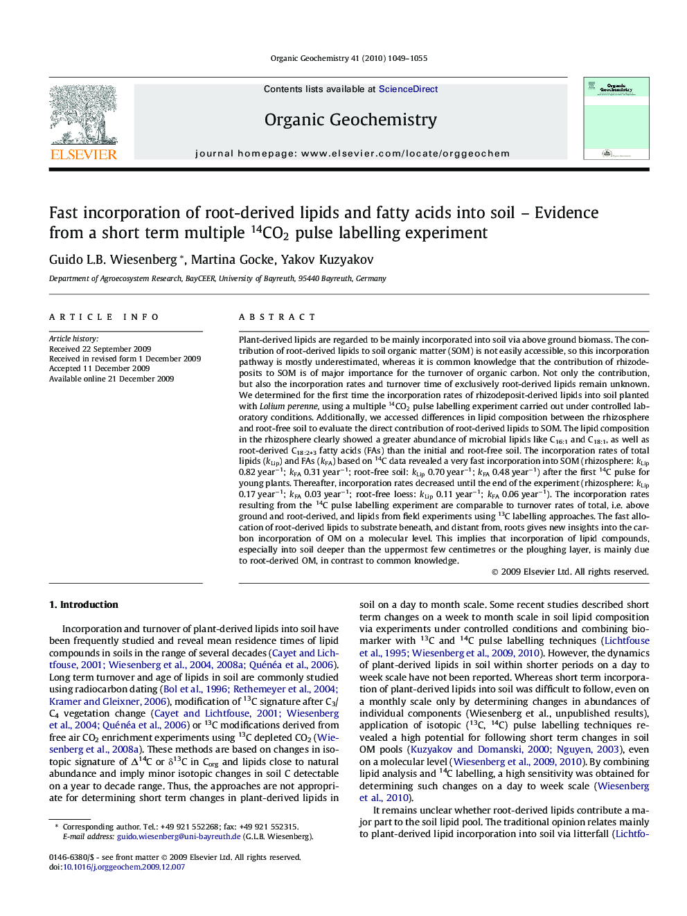 Fast incorporation of root-derived lipids and fatty acids into soil - Evidence from a short term multiple 14CO2 pulse labelling experiment