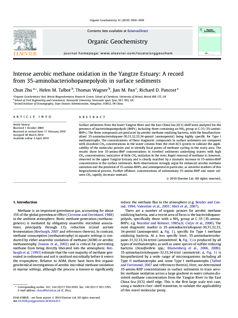 Intense aerobic methane oxidation in the Yangtze Estuary: A record from 35-aminobacteriohopanepolyols in surface sediments