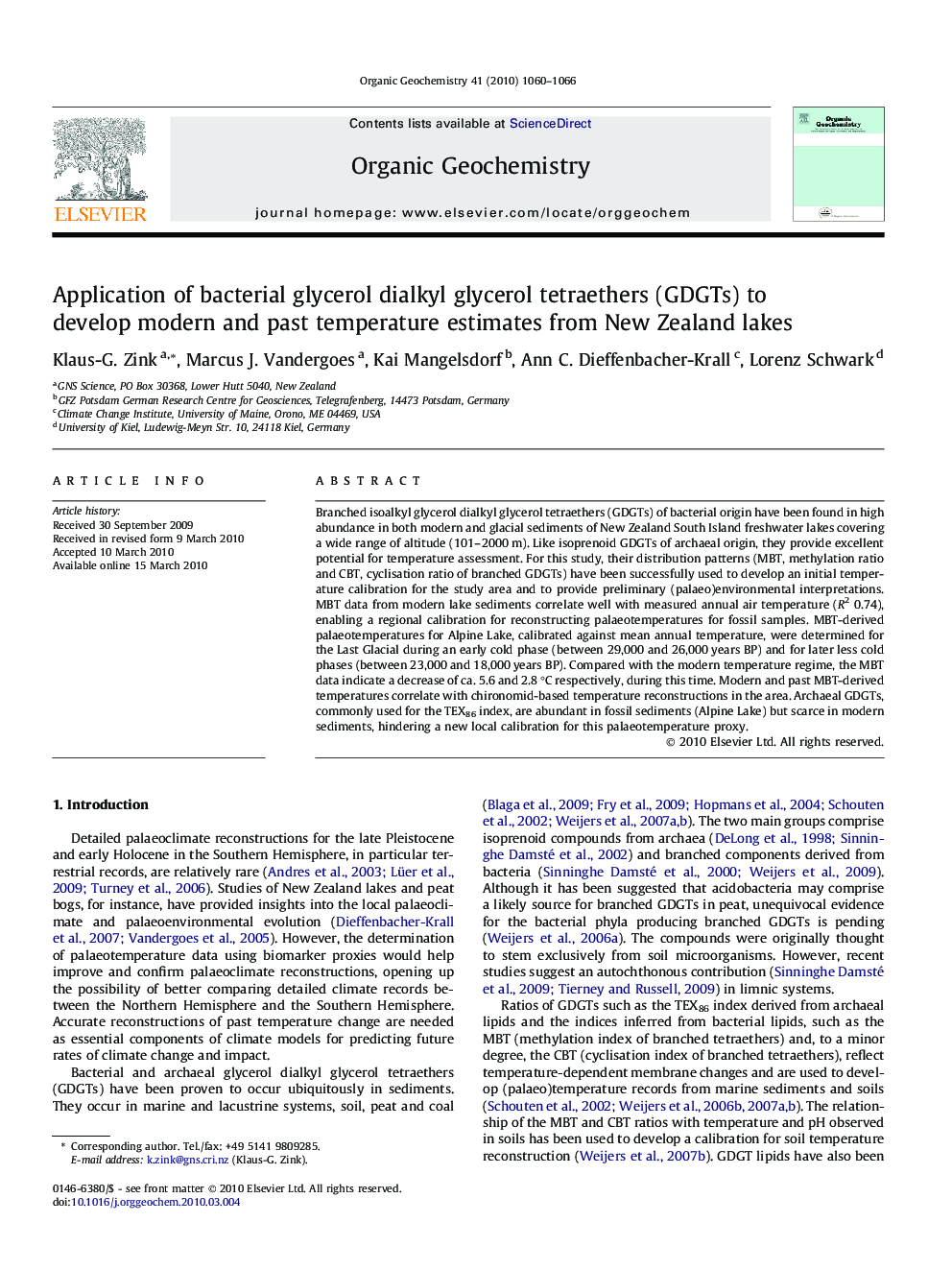 Application of bacterial glycerol dialkyl glycerol tetraethers (GDGTs) to develop modern and past temperature estimates from New Zealand lakes